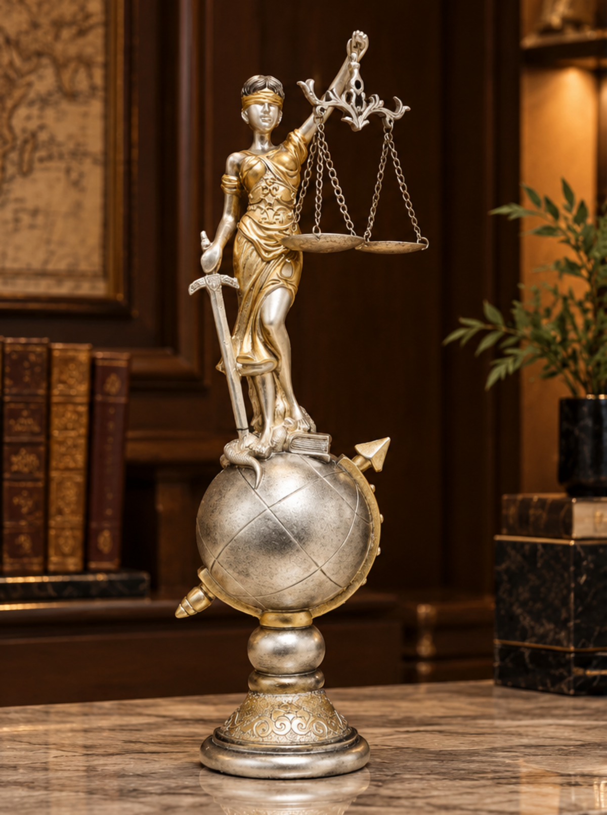 Lady Justice Globe Sculpture – Symbolic Legal Decor