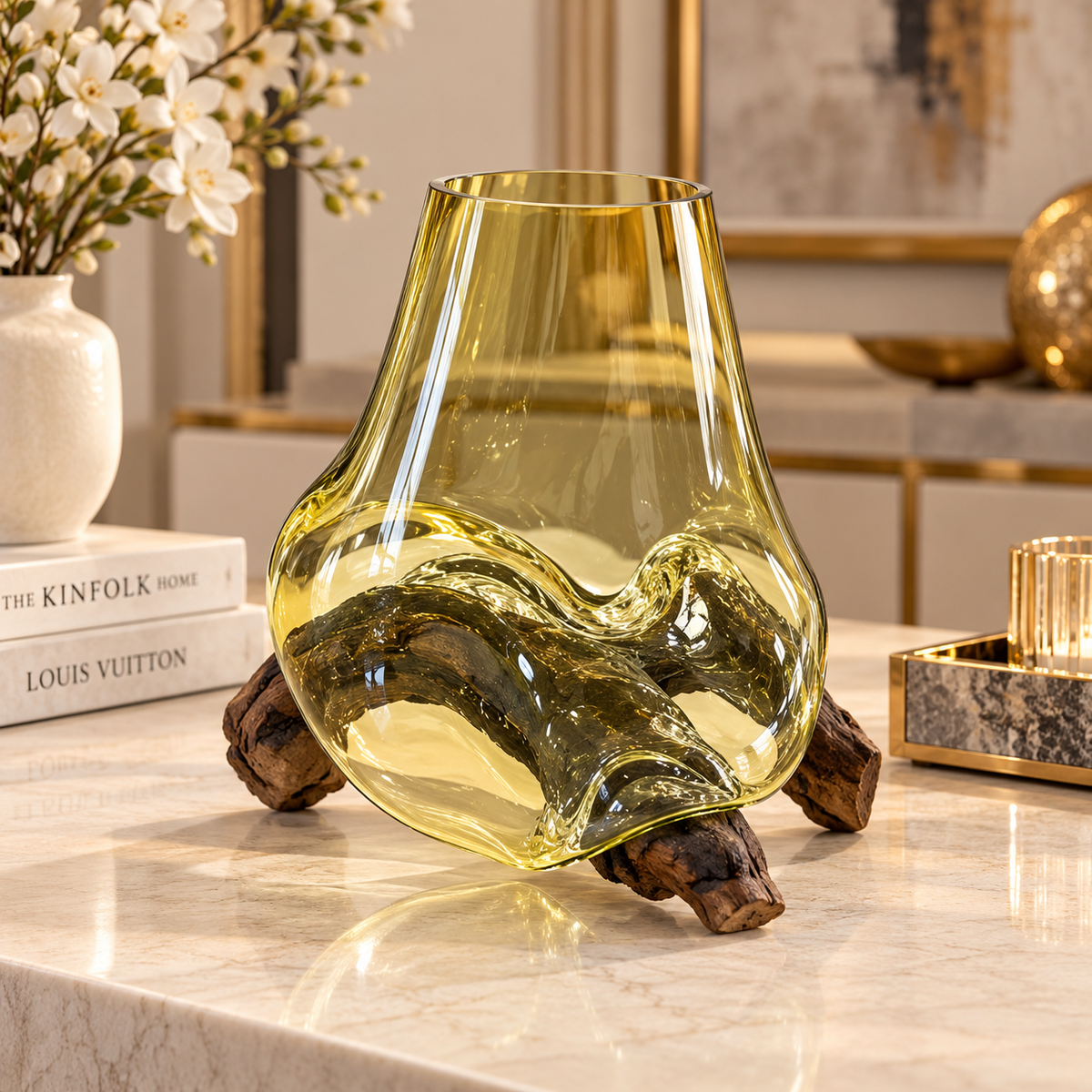 Organic Driftwood Glass Vase – Amber Sculptural Centerpiece