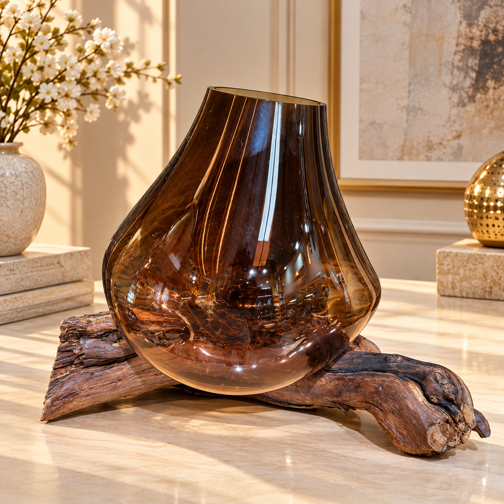 Smoked Amber Driftwood Glass Vase – Organic Sculptural Centerpiece