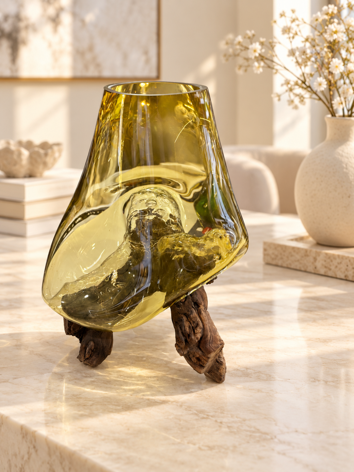 Organic Driftwood Glass Vase – Amber Sculptural Centerpiece