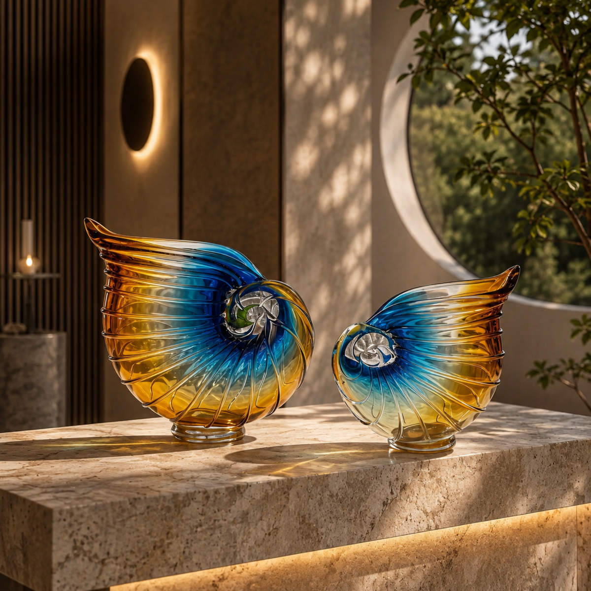 Azure Amber Nautilus Art Glass