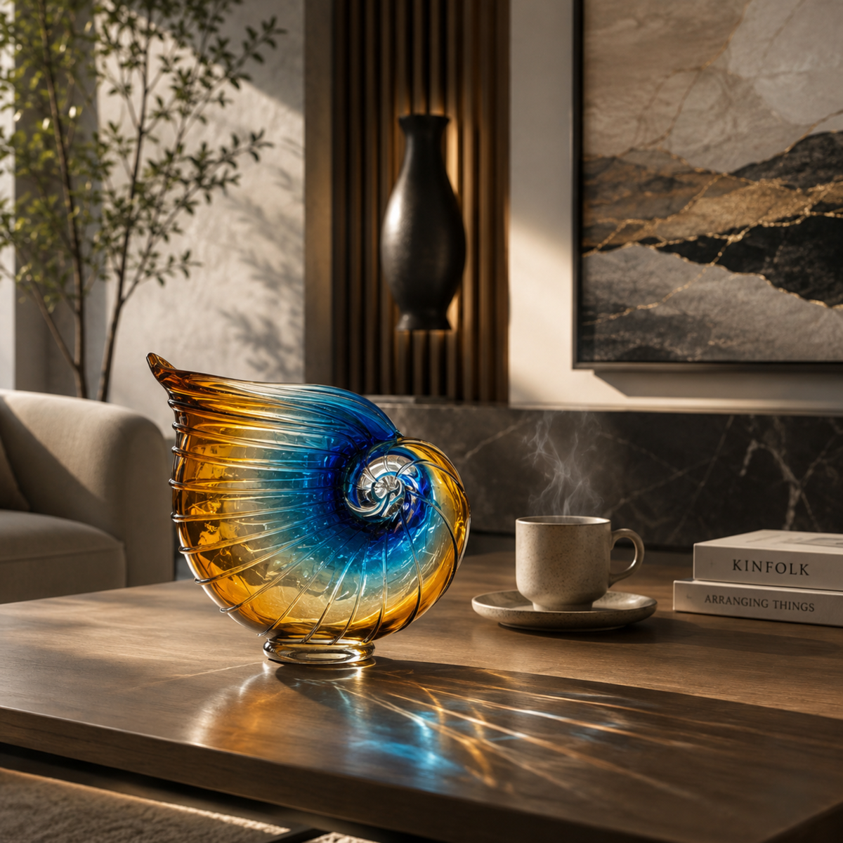 Azure Amber Nautilus Art Glass