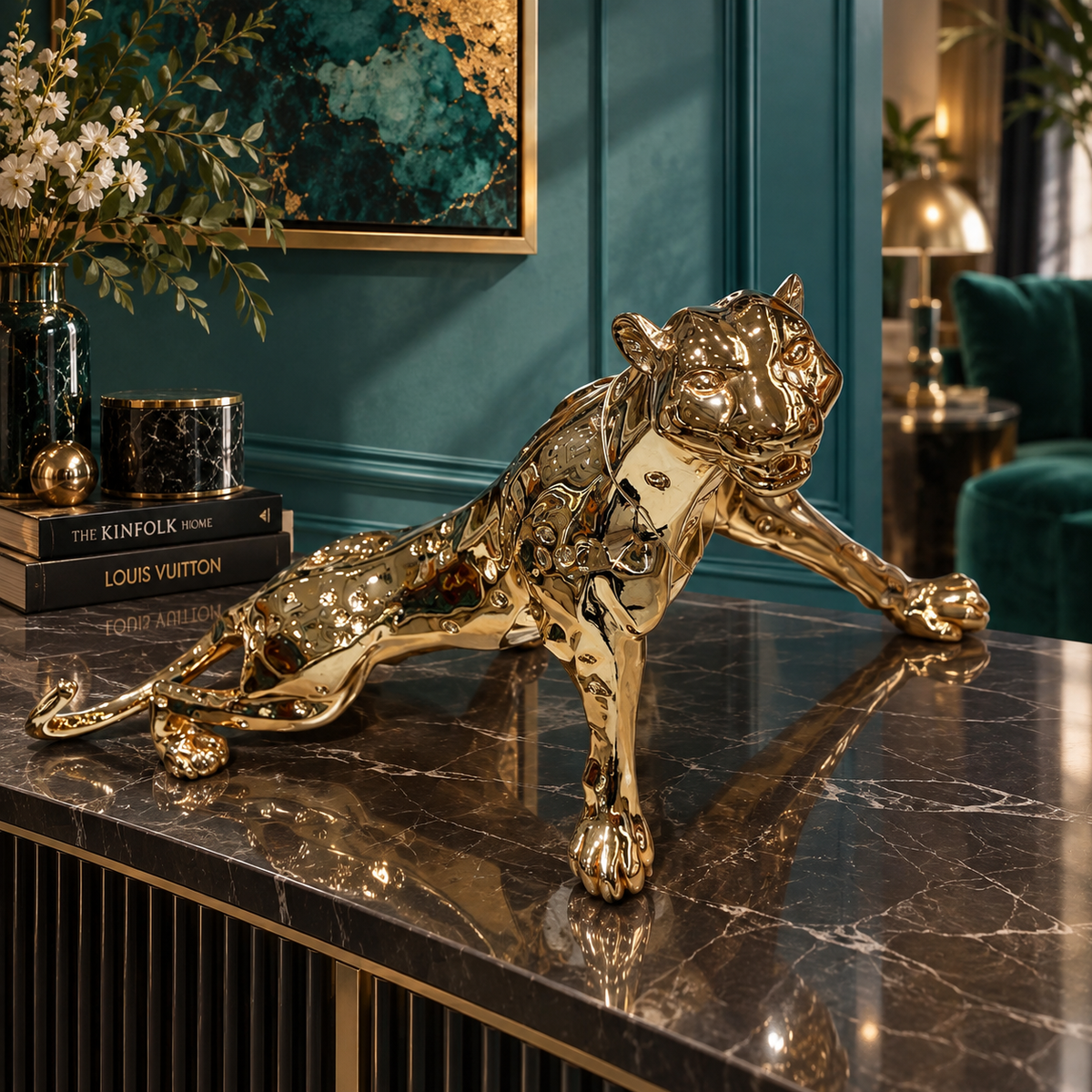 Golden Panther Sculpture – Luxury Statement Décor | 30 Inch