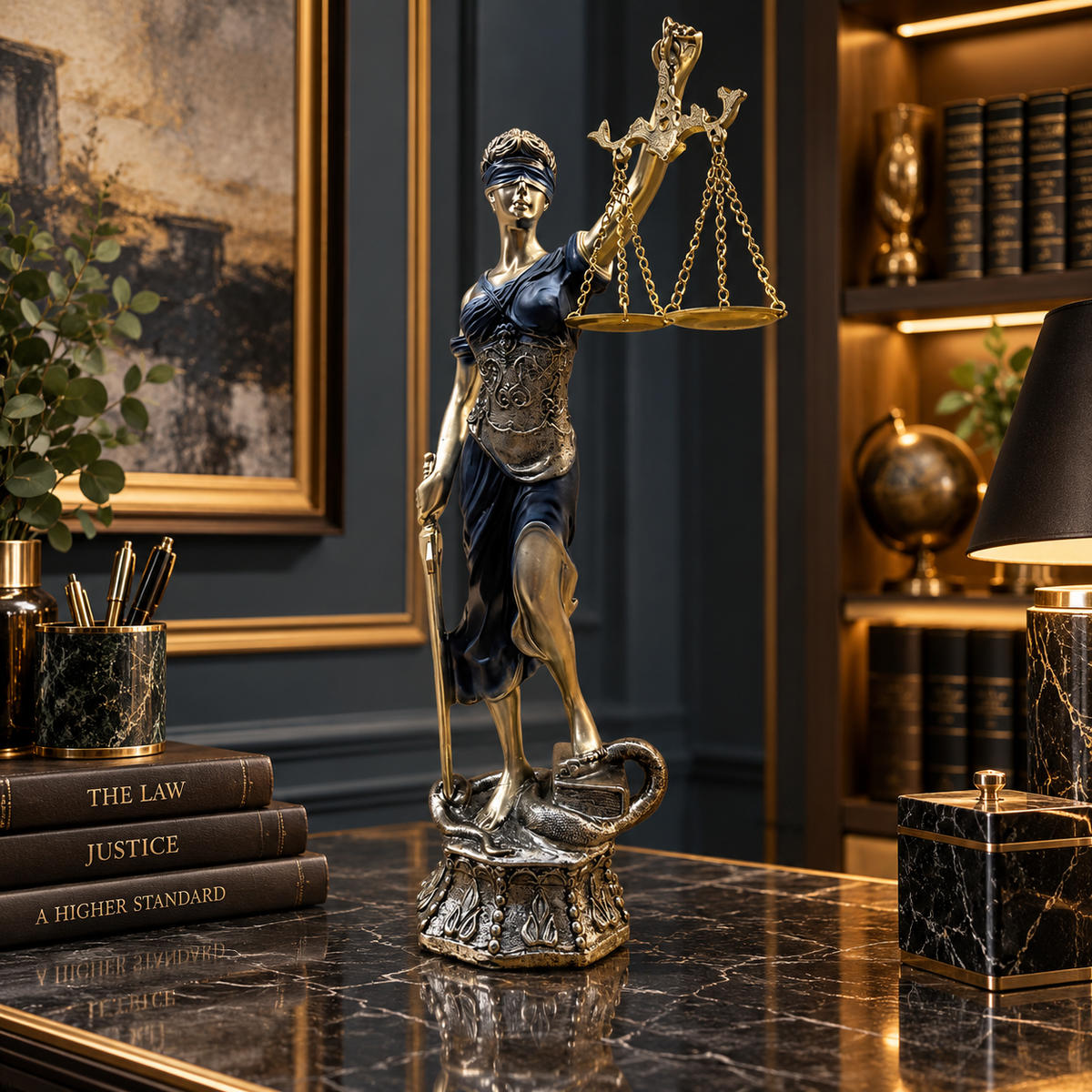 Lady Justice Sculpture – Antique Gold &amp; Black Legal Décor
