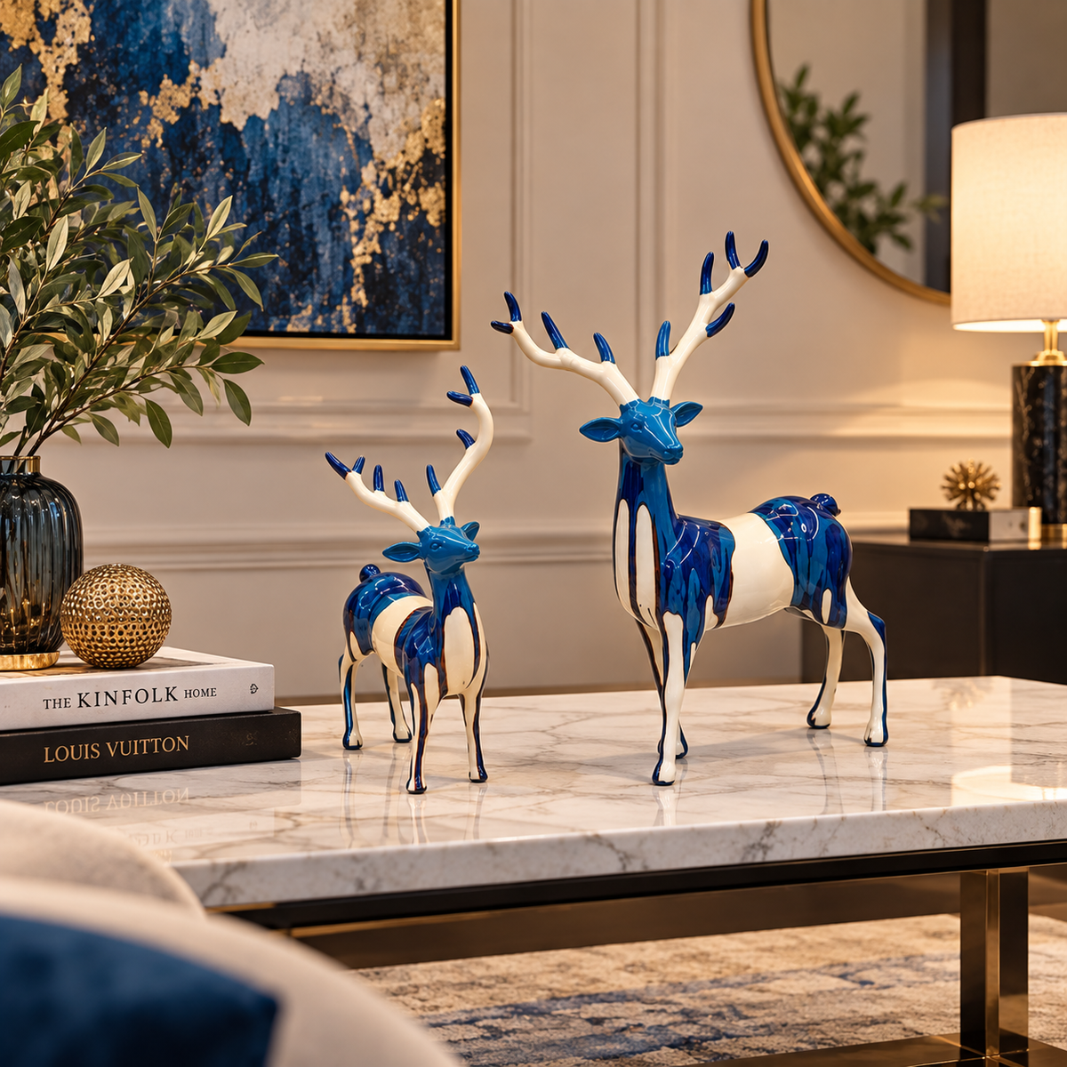 Luxury Blue & Ivory Deer Sculpture Pair – Decorative Stag Figurine Set