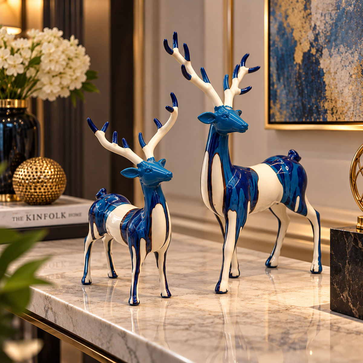 Luxury Blue & Ivory Deer Sculpture Pair – Decorative Stag Figurine Set