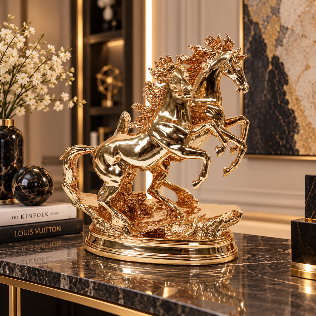 Luxury Golden Twin Horse Sculpture – 16" Statement Decor