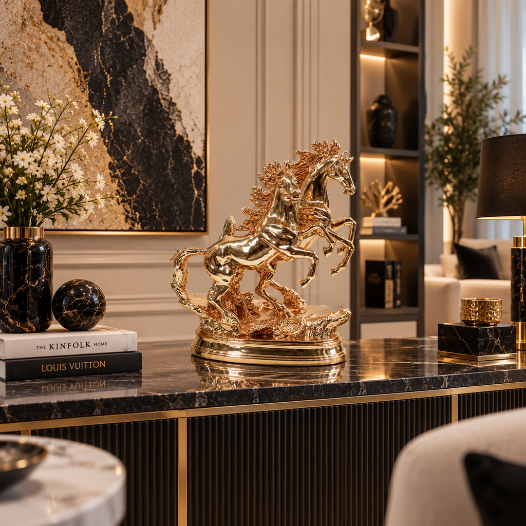 Luxury Golden Twin Horse Sculpture – 16" Statement Decor