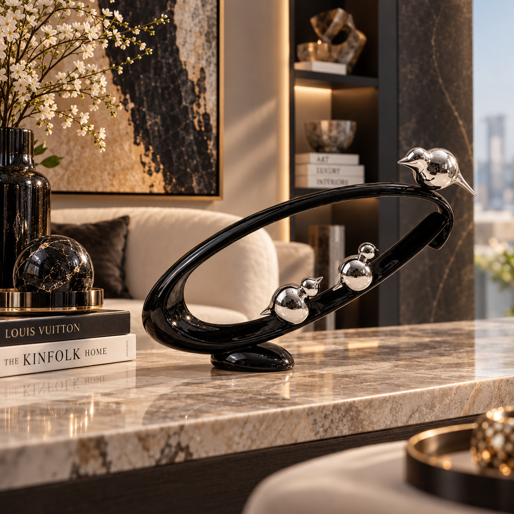 Modern Black & Silver Bird Sculpture – Luxury Table Decor