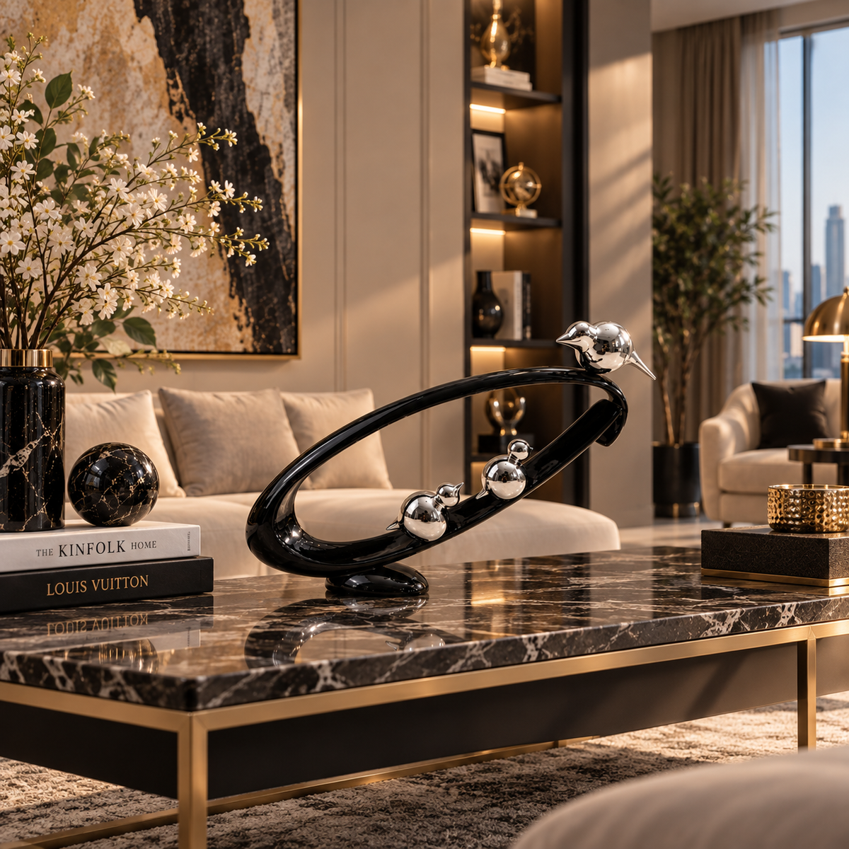 Modern Black & Silver Bird Sculpture – Luxury Table Decor