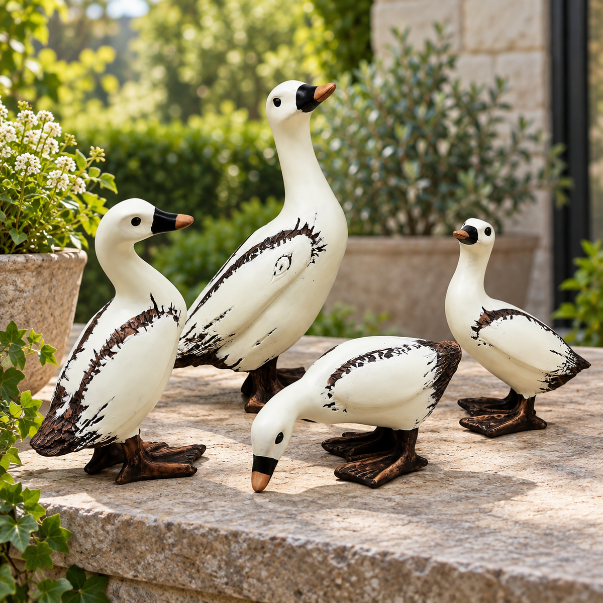 Country Goose Figurine Set of 4 – Rustic Garden & Home Decor