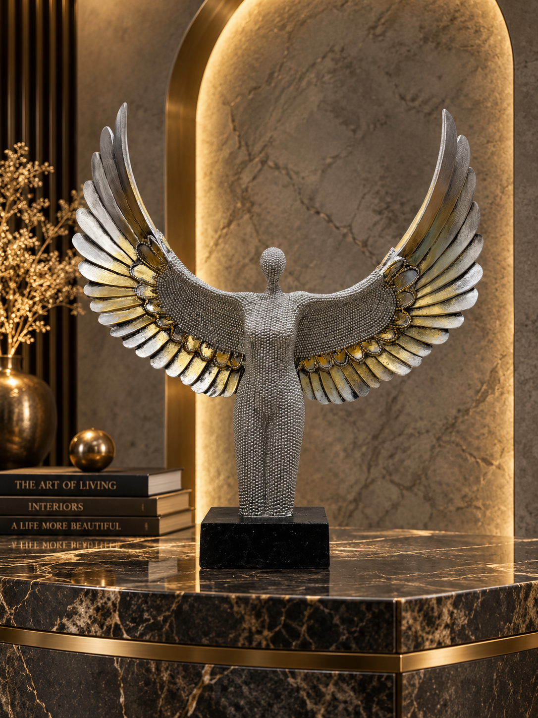 Winged Guardian Sculpture – Silver & Gold Statement Décor