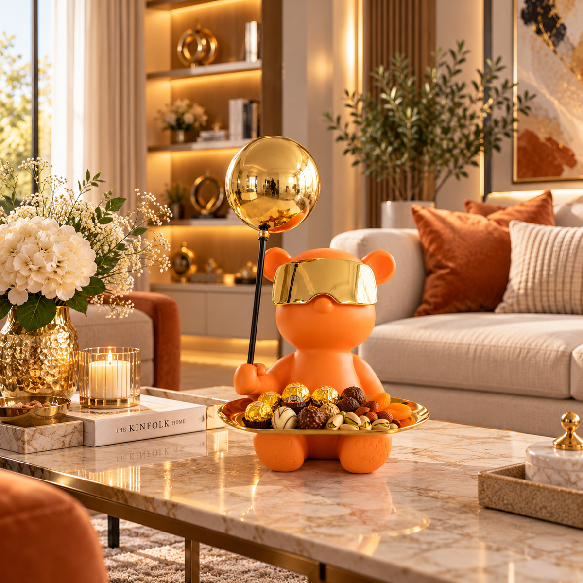 Luxury Teddy Serving Tray Sculpture with Gold Orb – Orange & Gold