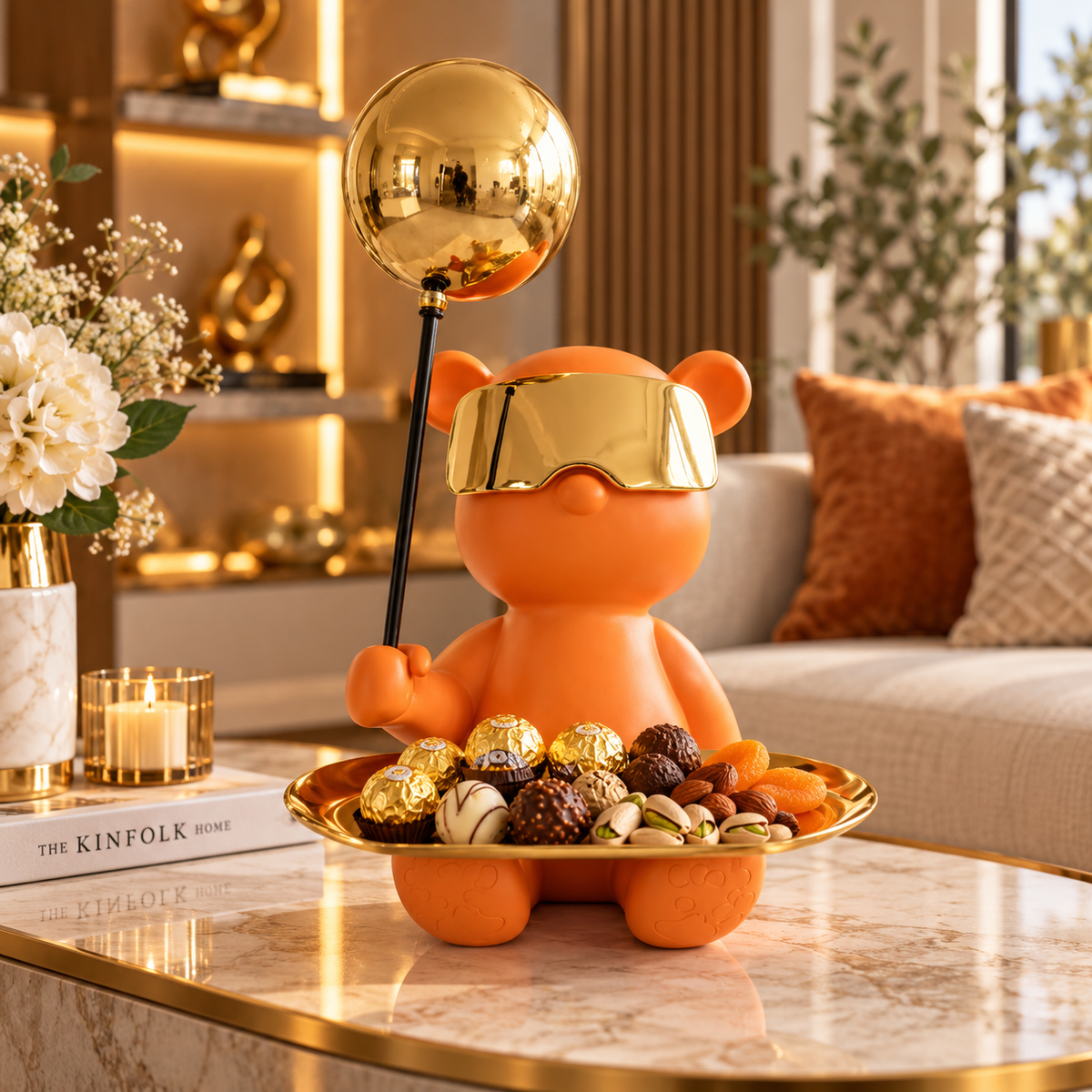 Luxury Teddy Serving Tray Sculpture with Gold Orb – Orange & Gold