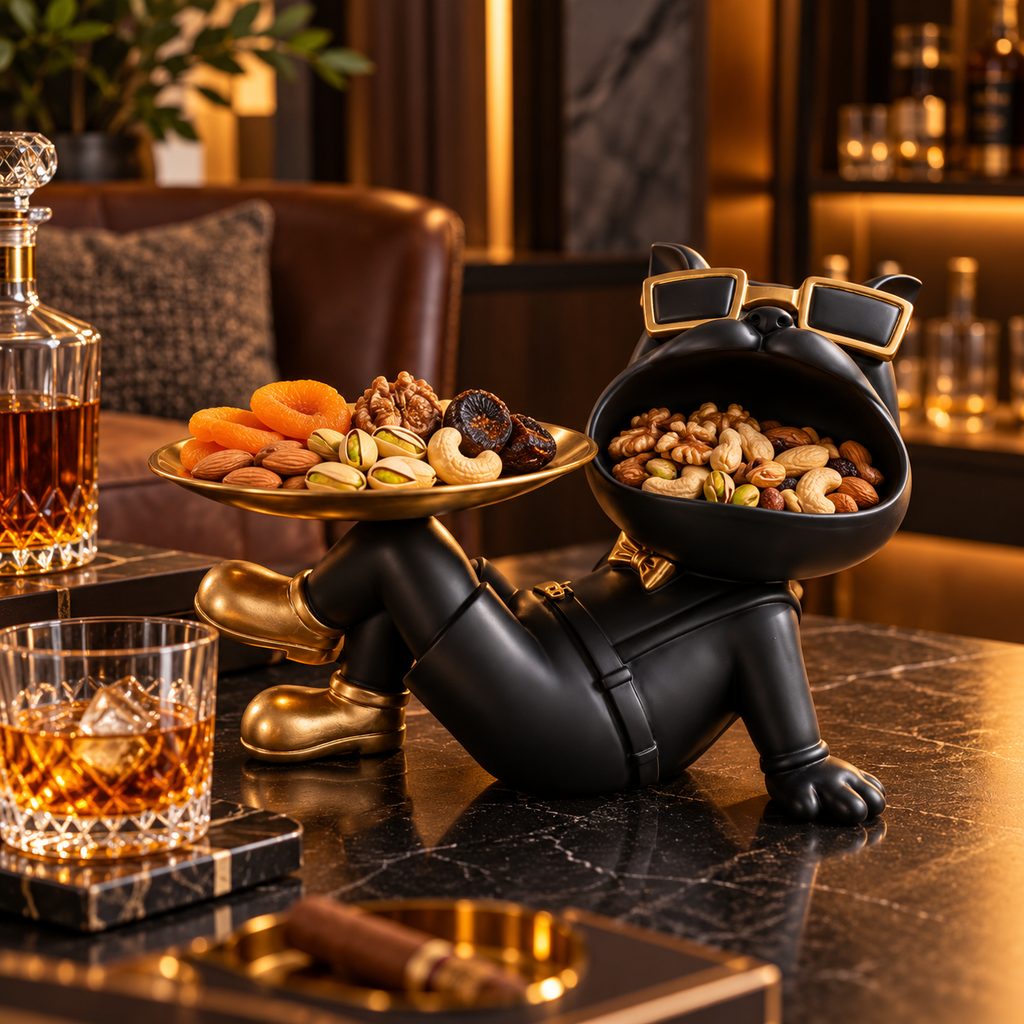 Luxury Bulldog Dry Fruit & Snack Serving Tray Sculpture – Black & Gold