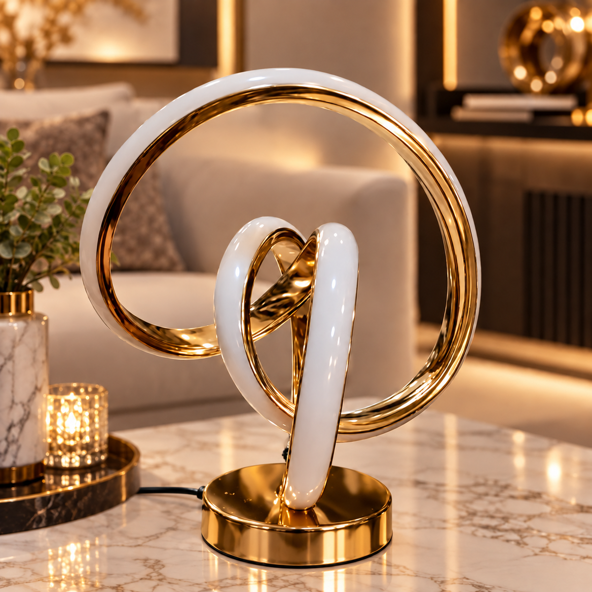 Celestial Orbit Table Lamp – White & Gold Sculptural Light