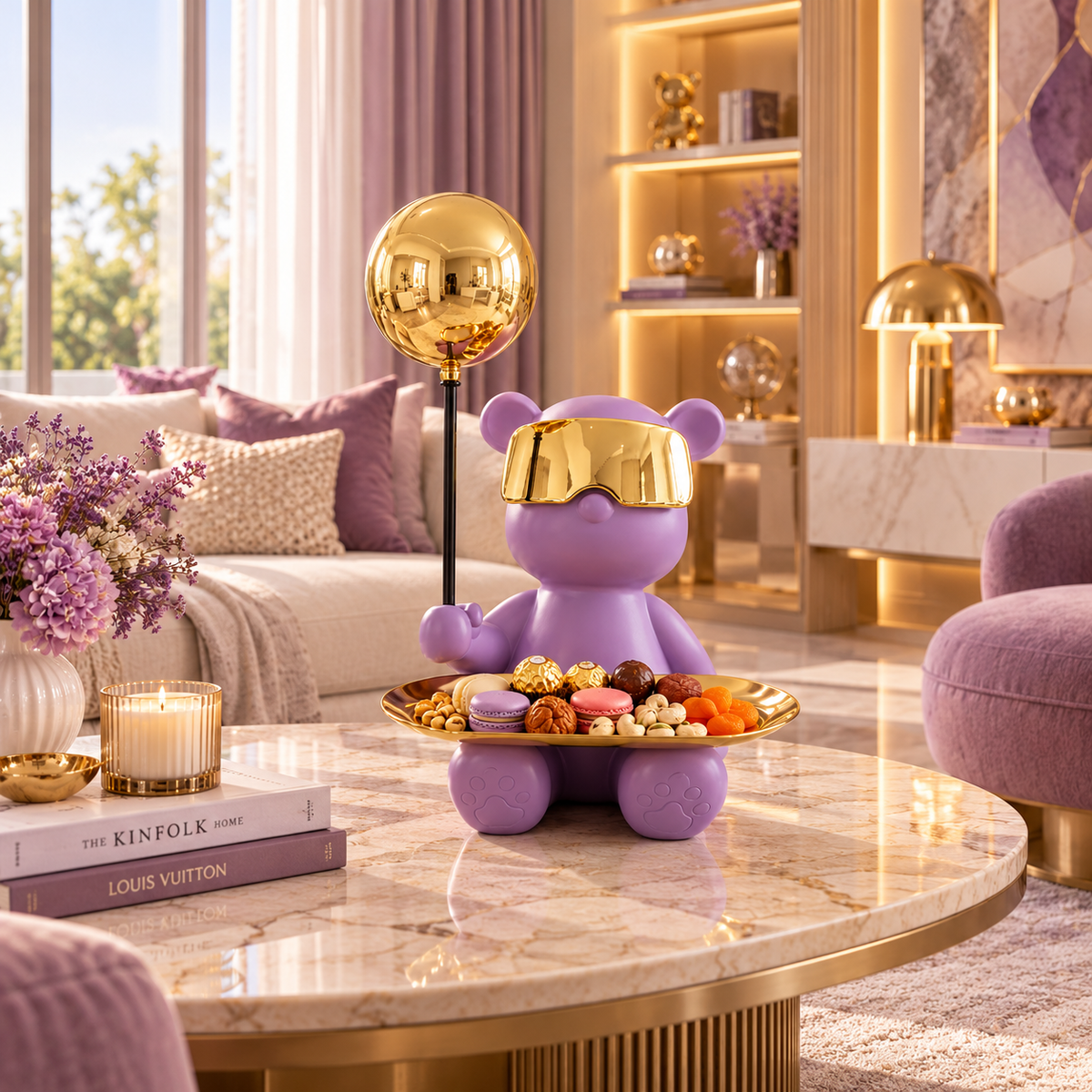 Luxury Teddy Serving Tray Sculpture with Gold Orb – Lilac & Gold