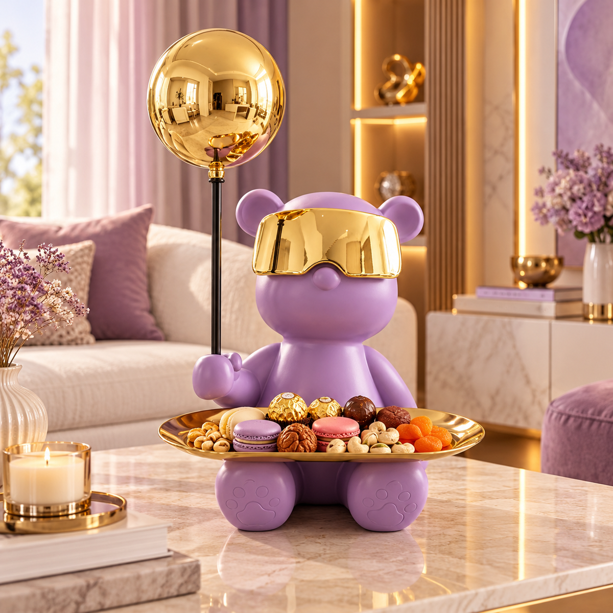 Luxury Teddy Serving Tray Sculpture with Gold Orb – Lilac & Gold