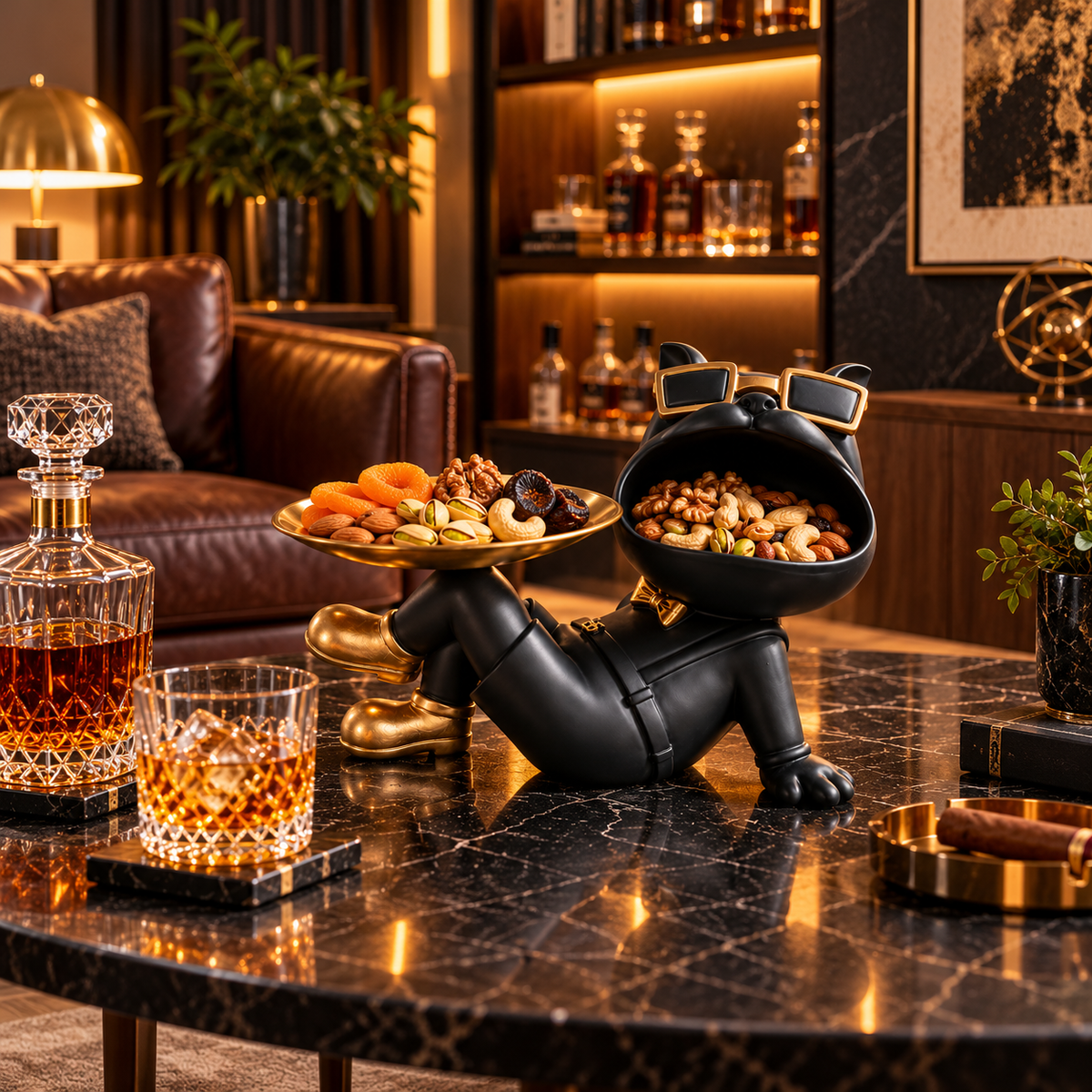 Luxury Bulldog Dry Fruit & Snack Serving Tray Sculpture – Black & Gold