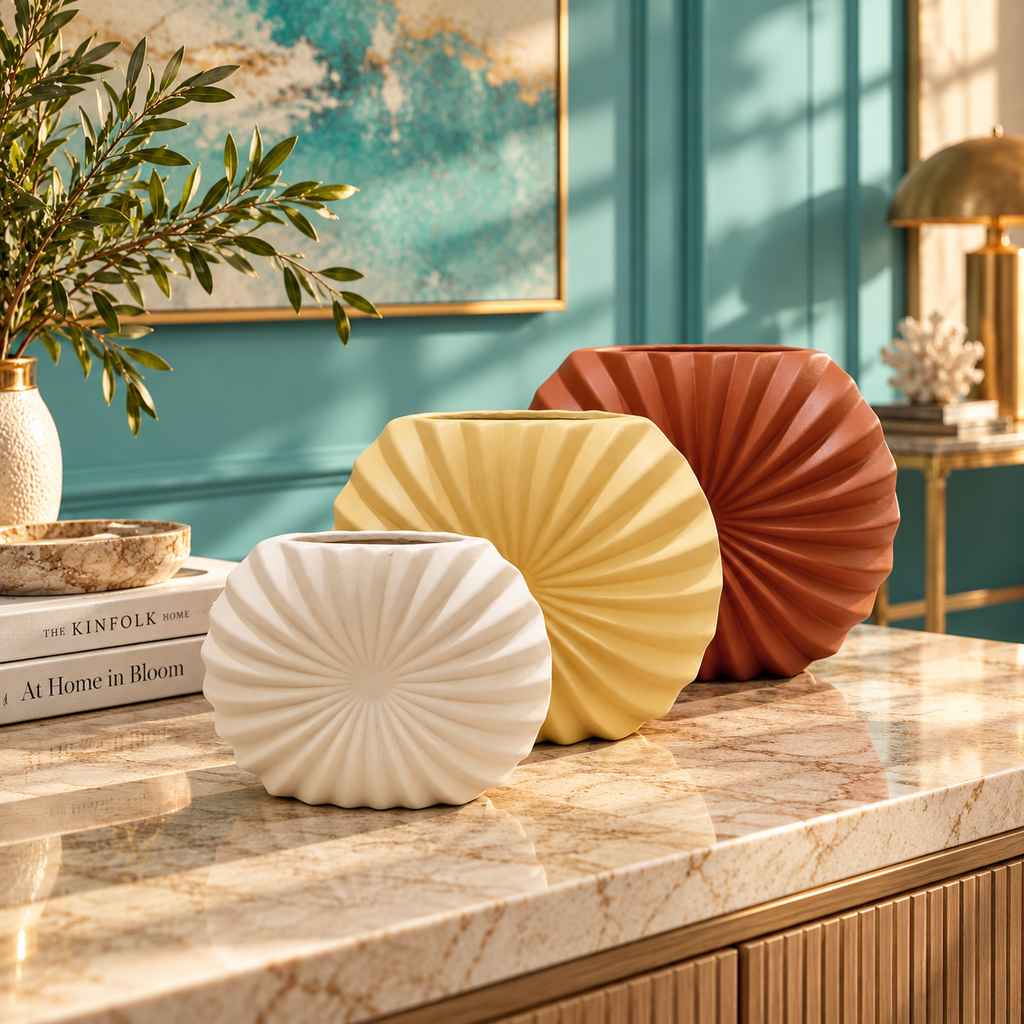 Sunburst Pleated Ceramic Vase Set – Set of 3