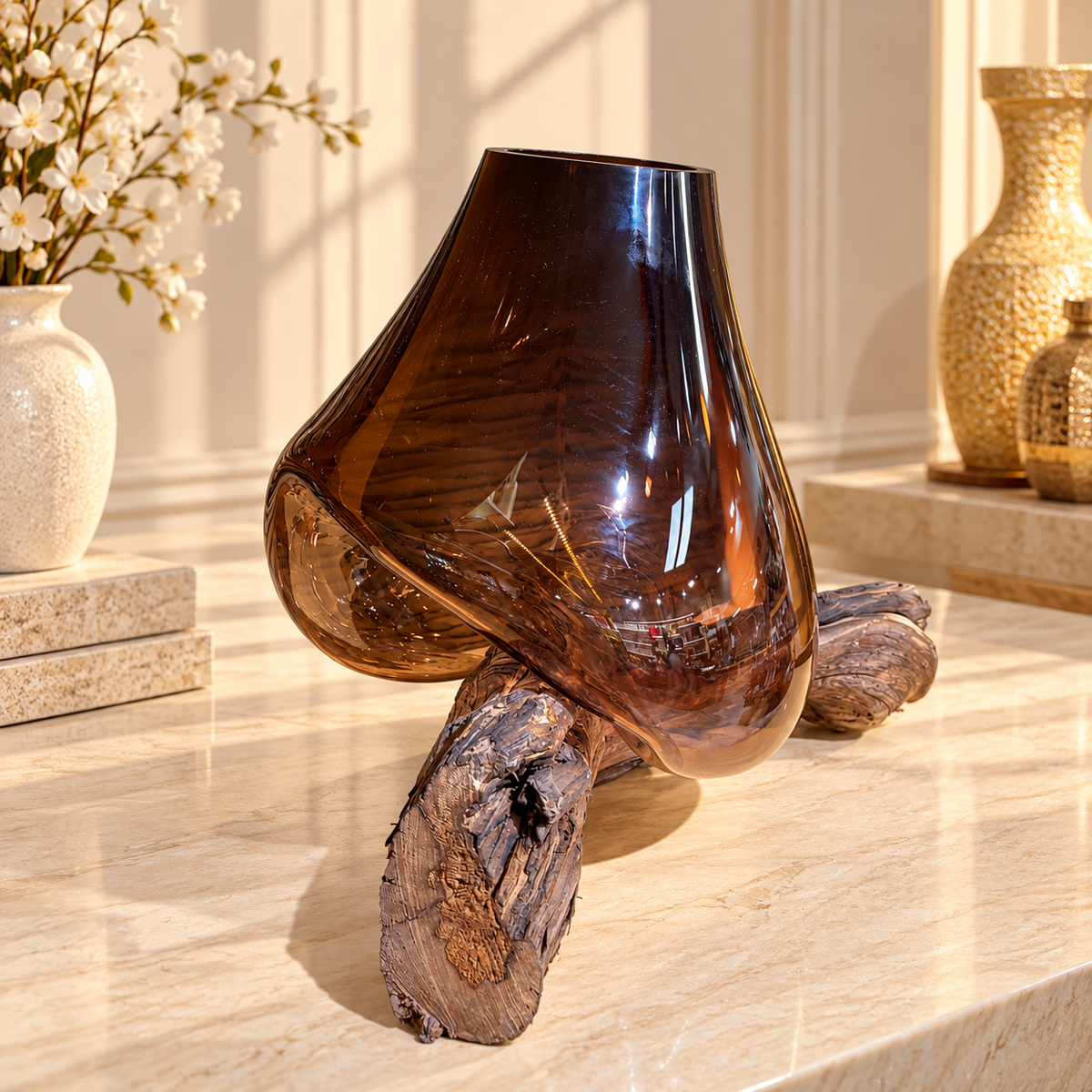 Smoked Amber Driftwood Glass Vase – Organic Sculptural Centerpiece