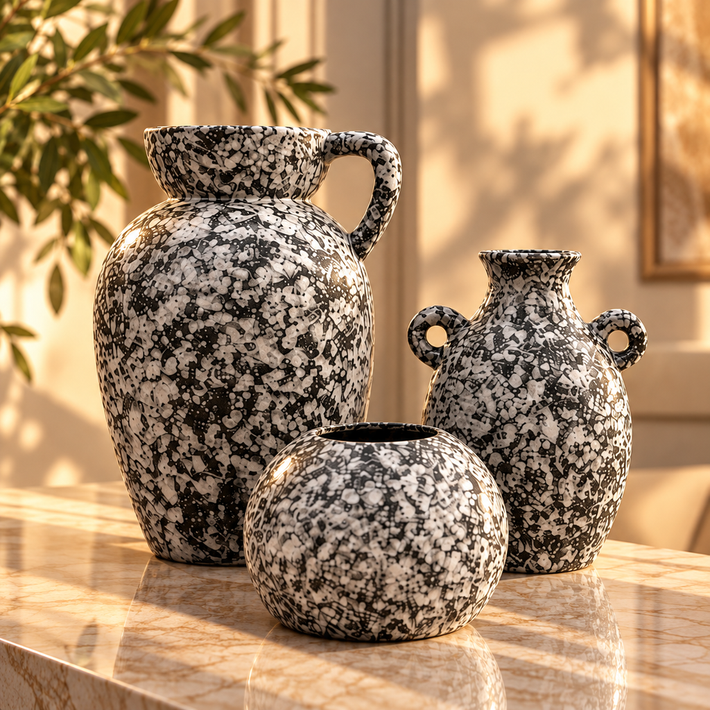 Monochrome Speckled Ceramic Vase Trio