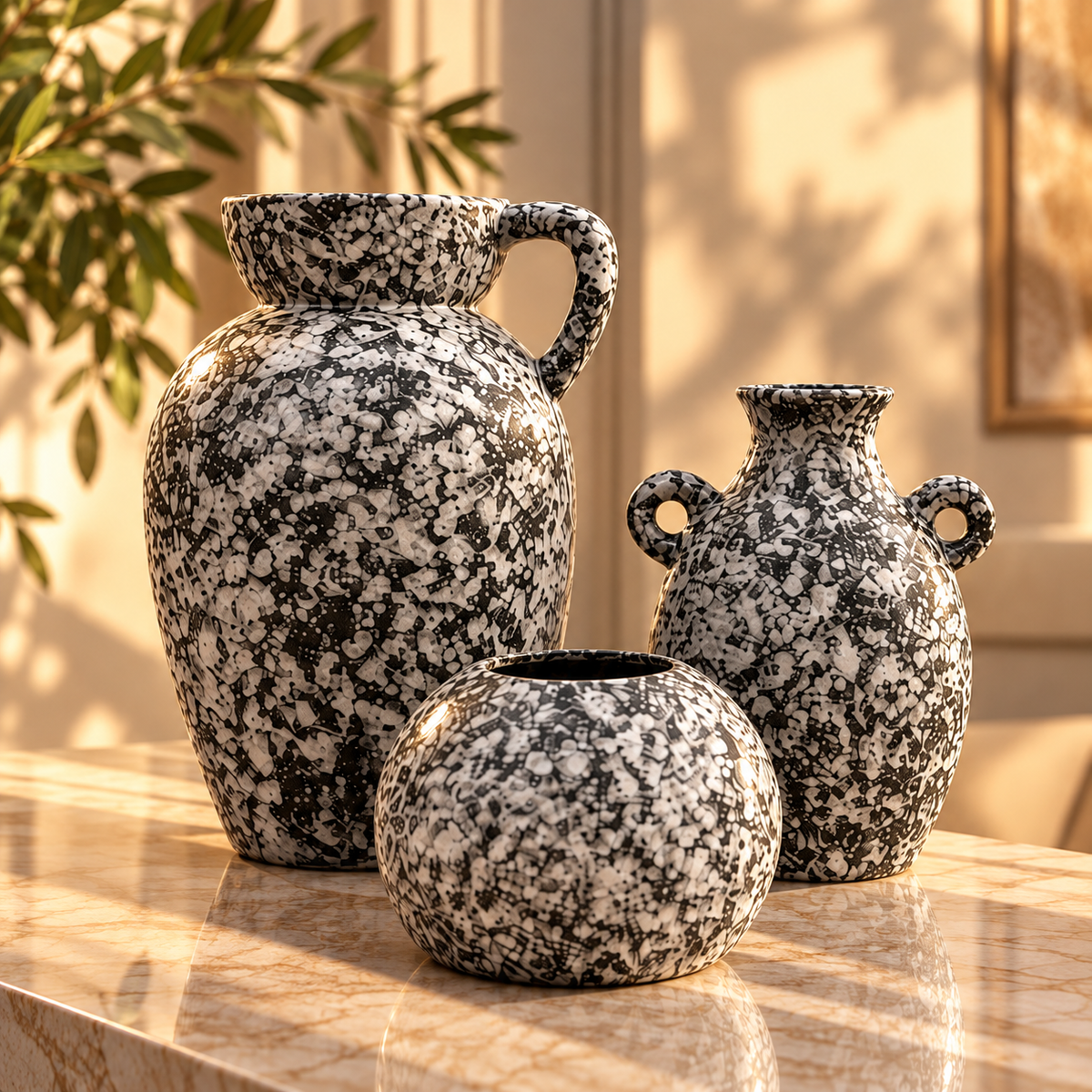 Monochrome Speckled Ceramic Vase Trio