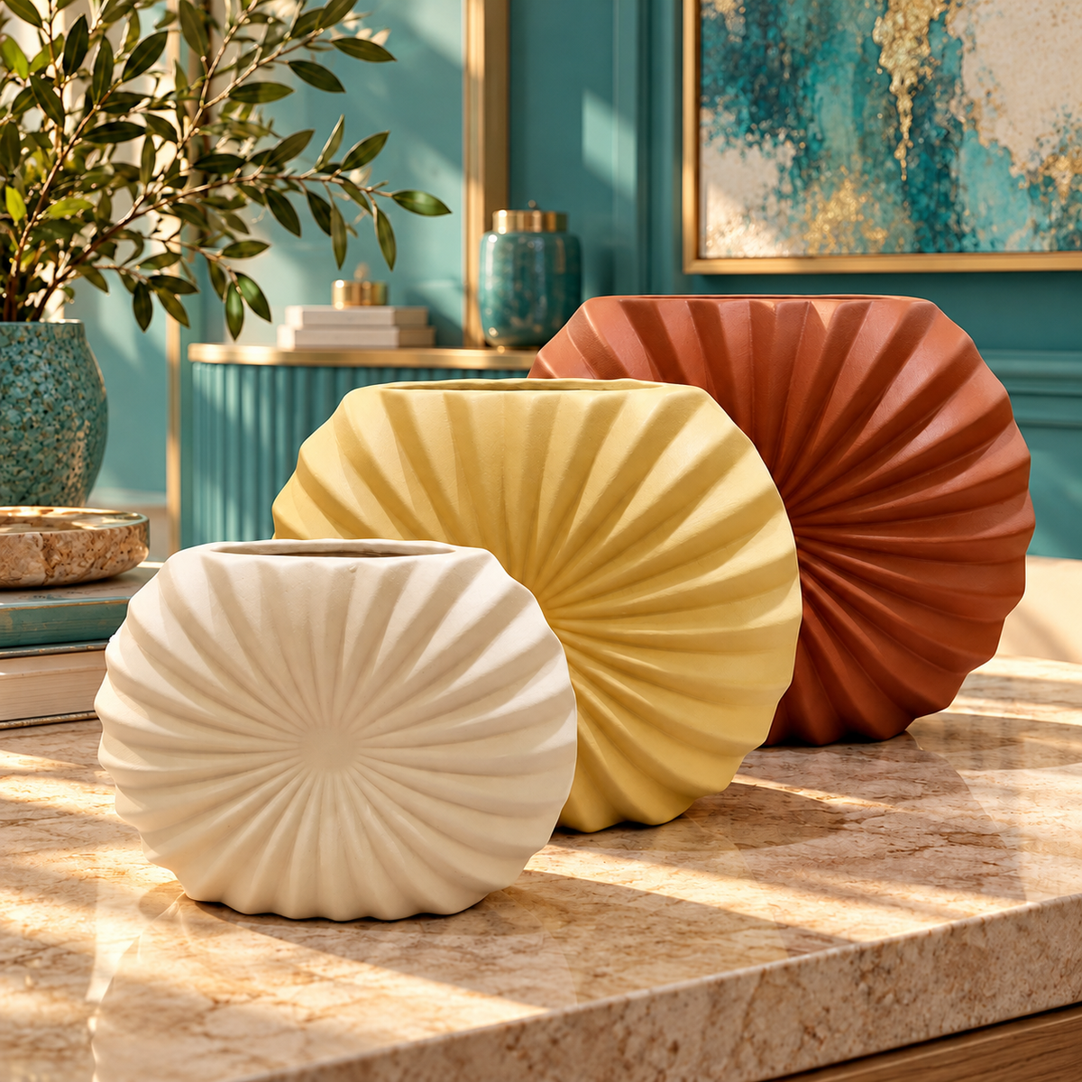 Sunburst Pleated Ceramic Vase Set – Set of 3