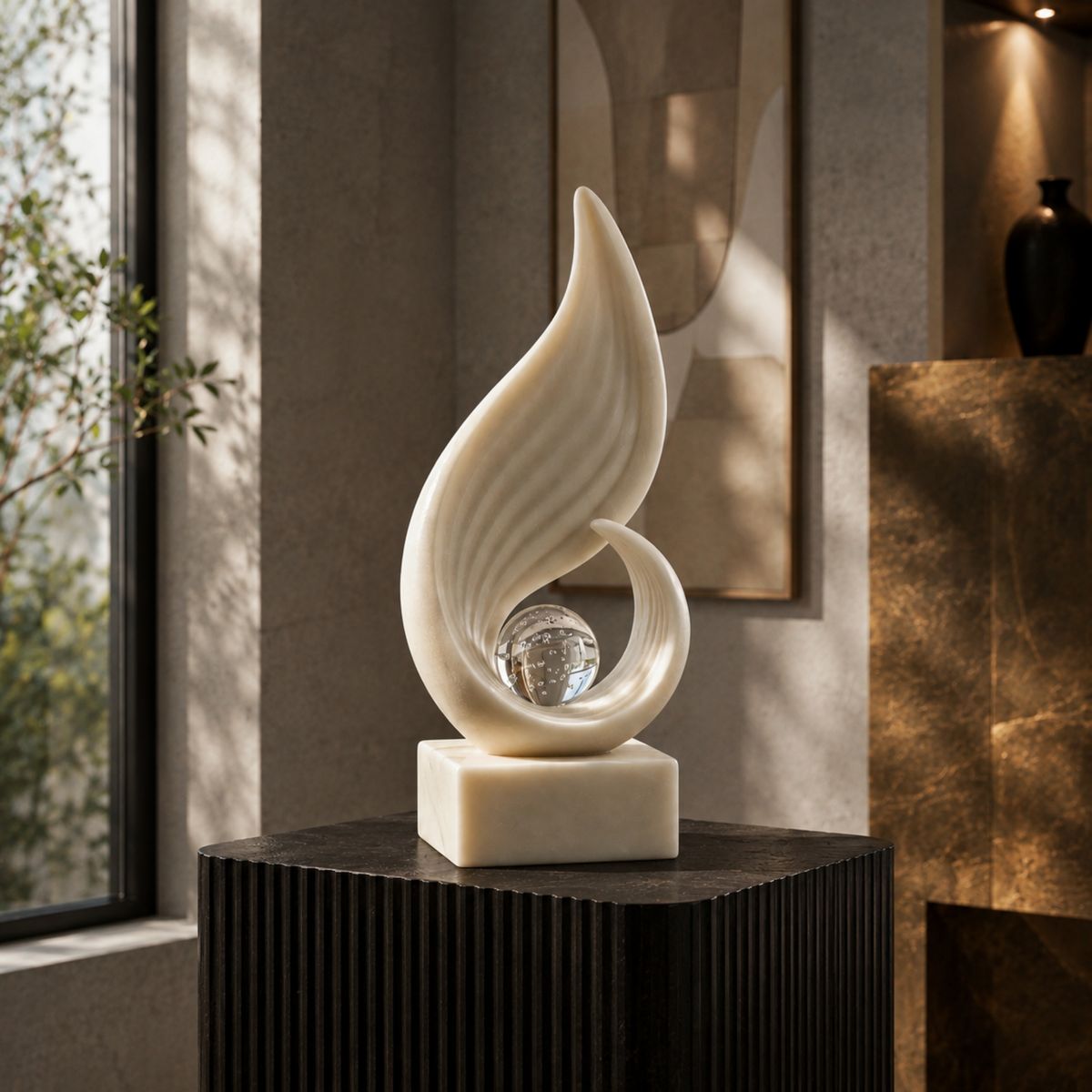 Serene Flow Sculpture with Crystal Sphere