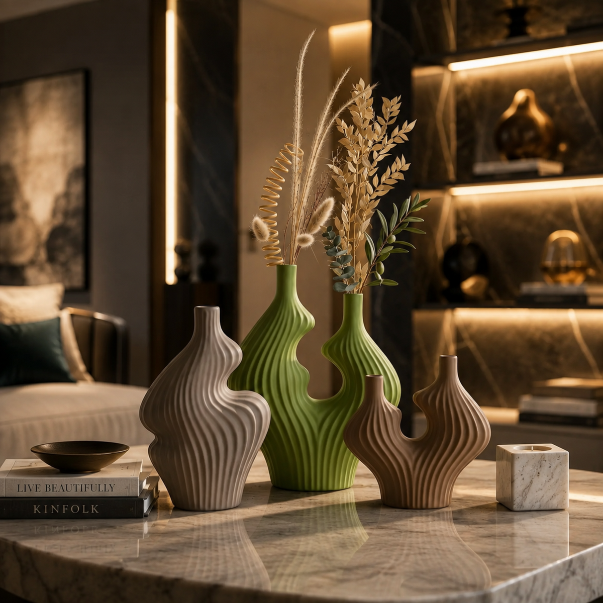 Modern Ribbed Ceramic Decorative Vases – Set of 3