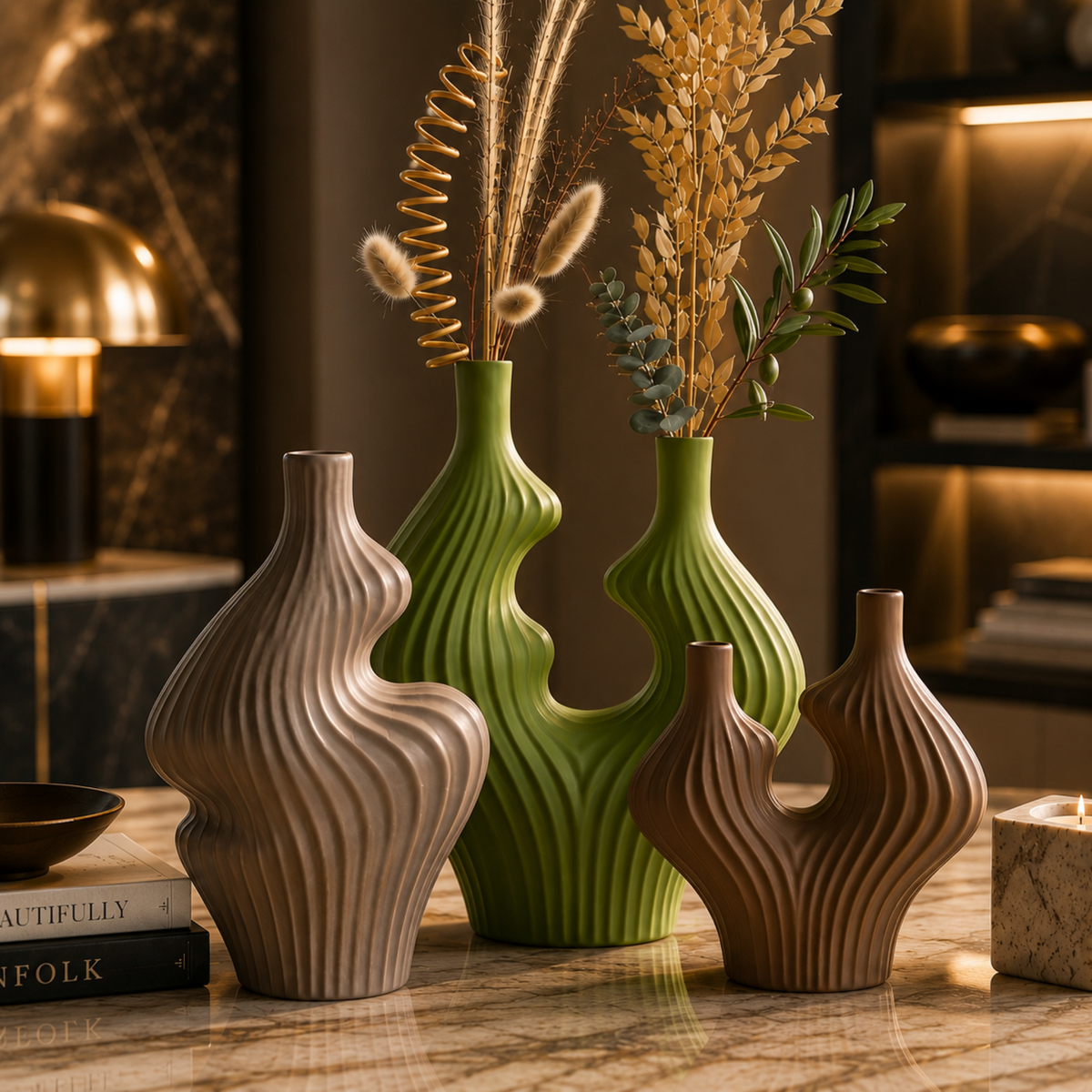 Modern Ribbed Ceramic Decorative Vases – Set of 3